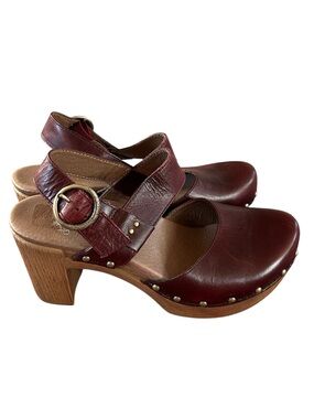 Dansko | Women’s Burgundy Leather Mary Jane Dotty Clog Heels Buckle Strap Size 7